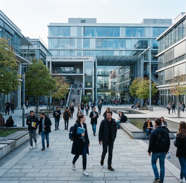 Wide environmental shot of a modern glass university campus in Munich, bright natural daylight with cool blue undertones, professional students walking in the courtyard, 35mm