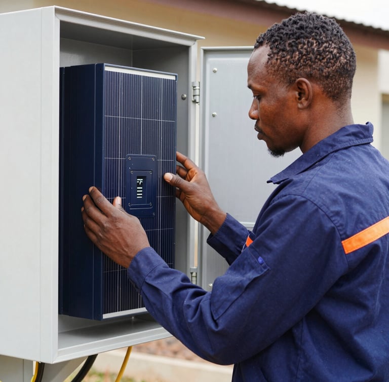 Medium shot of a Cameroonian electrical engineer in a navy blue uniform inspecting a clean, newly installed solar inverter system, bright natural daylight, sharp focus