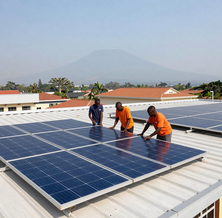 Wide-angle shot of a solar installation team working on a clean modern roof in Limbe, Cameroon, with Mount Cameroon visible in the soft background haze, bright daylight