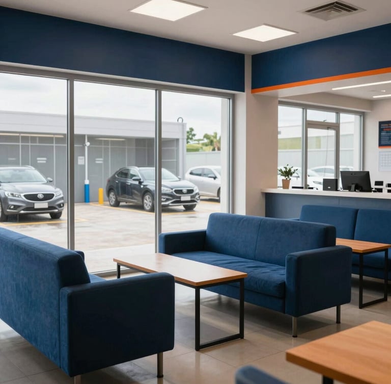 An inviting, modern car wash lounge interior with comfortable seating, clean glass windows looking out to a washing bay, and bright lighting