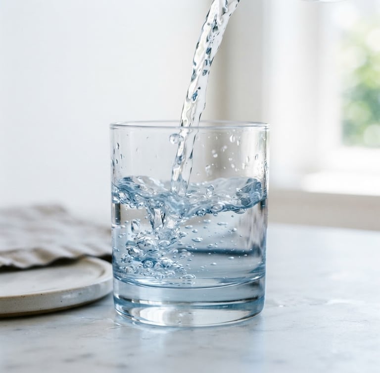 Crisp editorial photography of crystal-clear water cascading into minimalist glassware, bright high-key natural daylight, sharp macro focus, 35mm.