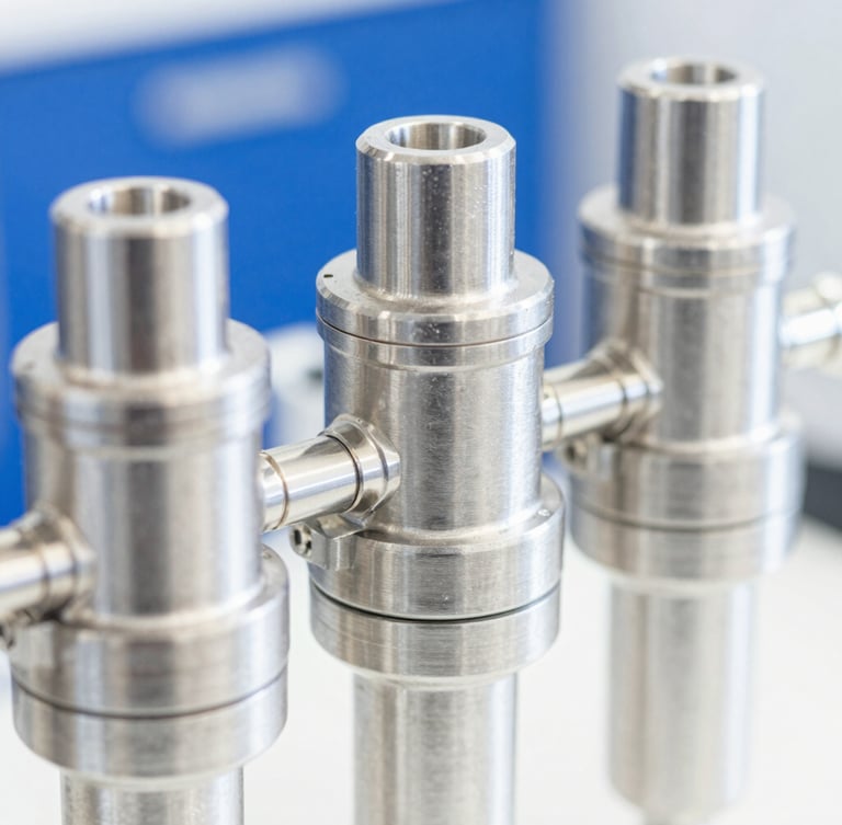 Portrait-oriented image of a brushed stainless steel filtration manifold with subtle platinum accents, showing precise engineering and sterile connections, extreme close-up, bright high-key natural daylight, sharp focus.