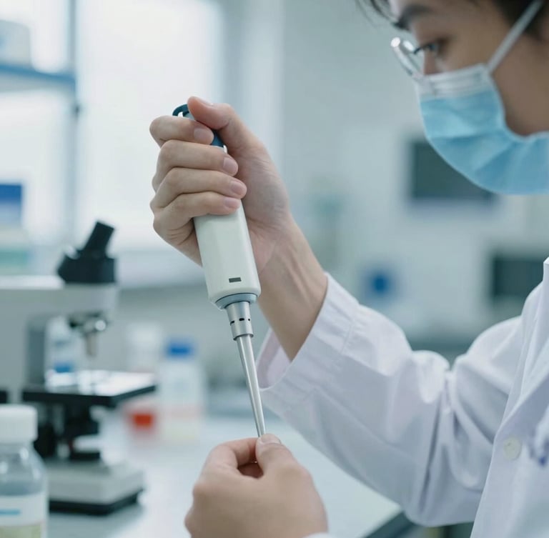 Close-up of a high-resolution laboratory environment, a researcher in a white coat operating a precision pipette under cool-toned sterile light, shallow depth of field, 35mm