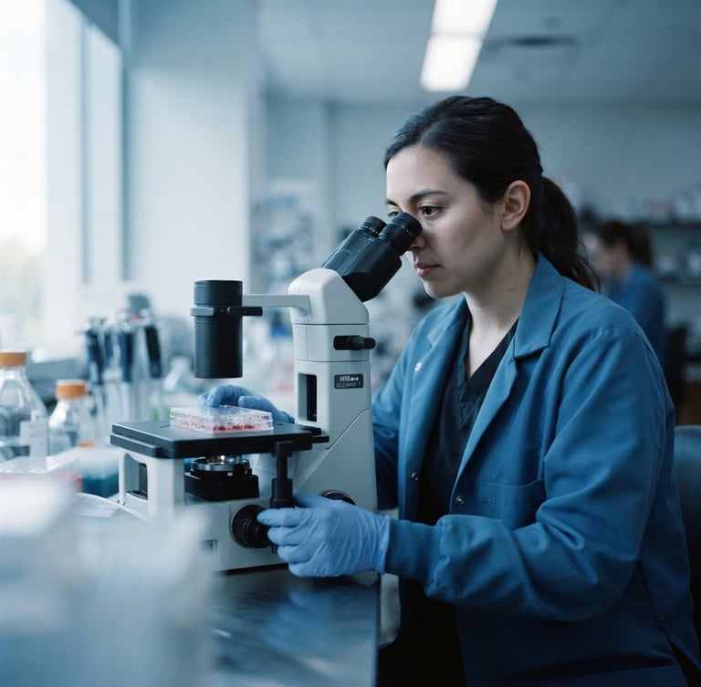 Close-up of a molecular biologist analyzing cell cultures under cool-toned laboratory light, shallow depth of field, 35mm
