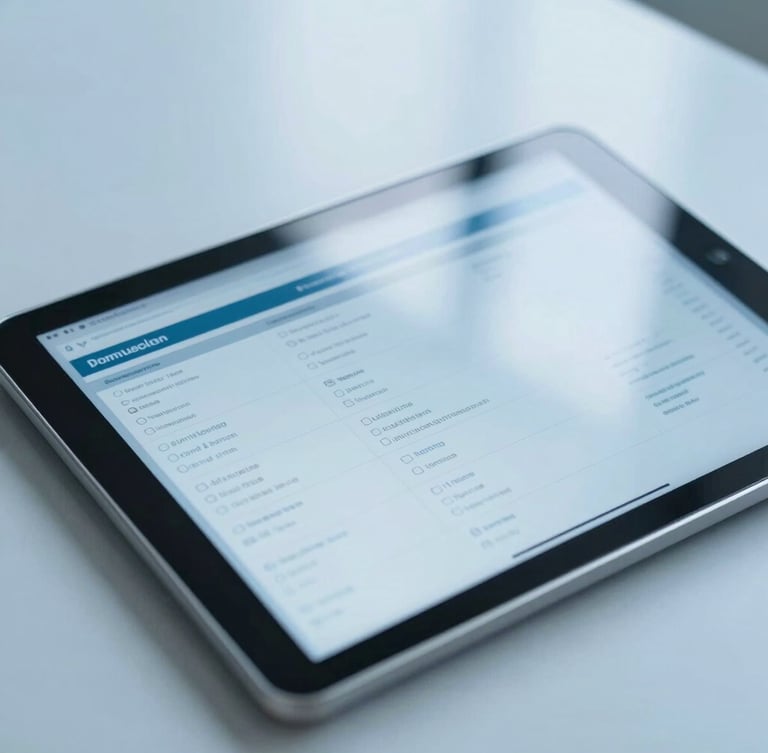 Overhead shot of a clean, modern medical data interface on a tablet, soft blue light, clinical editorial style, 35mm