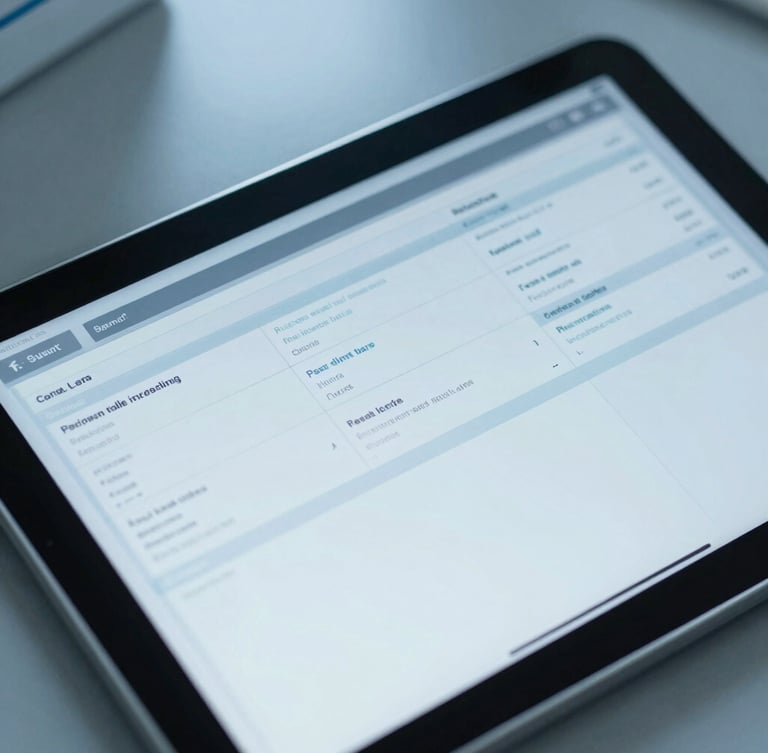 Overhead shot of clean medical data interfaces on a tablet screen, cool laboratory light, slate and blue tones, clinical editorial photography