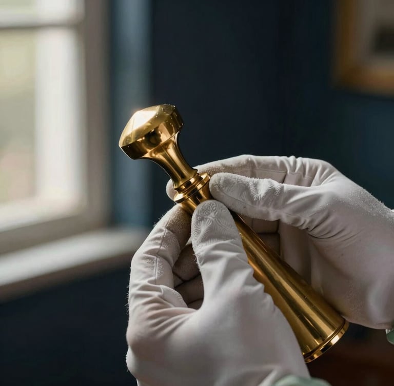 Close-up of a gloved hand meticulously detailing a luxury brass fixture, warm golden light streaming through a spotless window, dark navy background