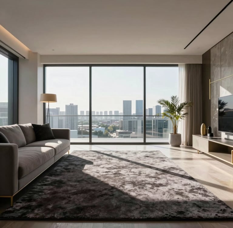 Symmetrical wide shot of an immaculate modern penthouse living room, natural light streaming through pristine floor-to-ceiling windows, sharp vacuum lines on a plush dark rug, minimalist gold accents.