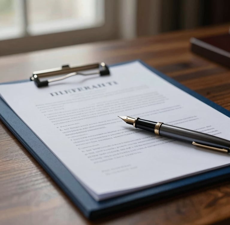 Close-up of elegant legal documents and a fountain pen on a textured wooden desk, soft natural window light, deep navy tones, shallow depth of field