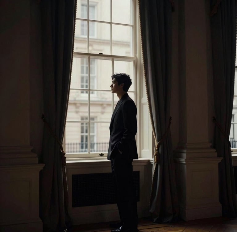 A silhouette of an elegant individual standing by a tall sash window in a historic London townhouse, soft morning light filtering through, muted charcoal tones, editorial photography.