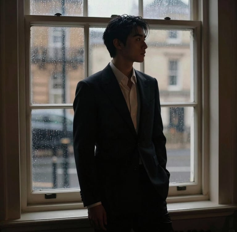 Elegant silhouette of a sophisticated individual against a rainy London window, soft low-key ambient evening light, 35mm film