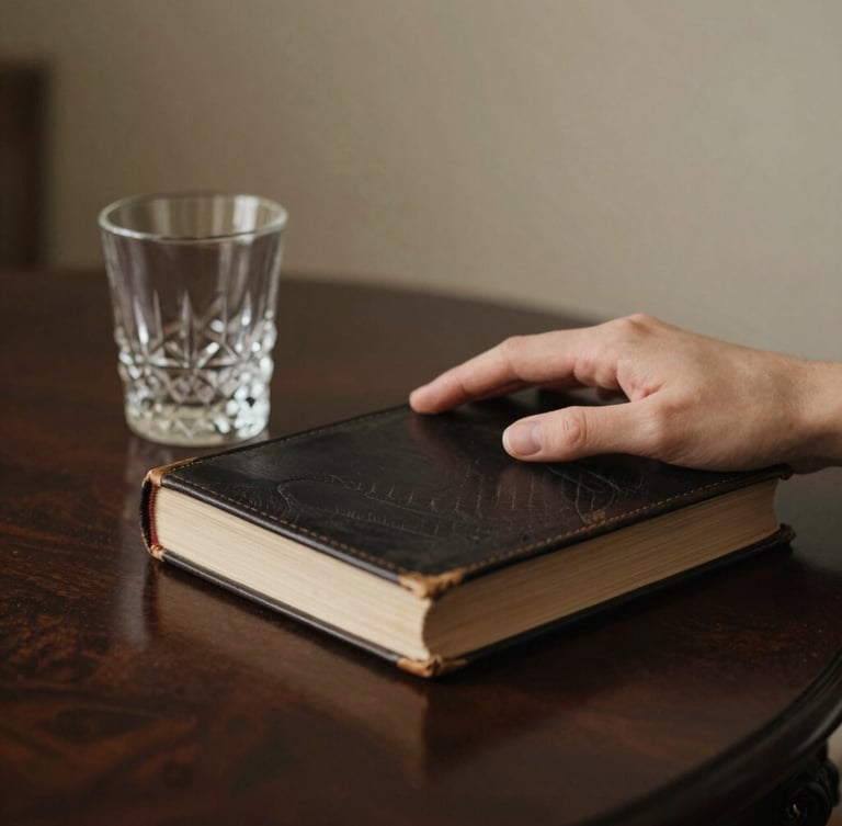 Close-up of a hand holding an antique leather-bound book beside a crystal glass on a dark mahogany table, soft low-key ambient evening light, warm cream accents.