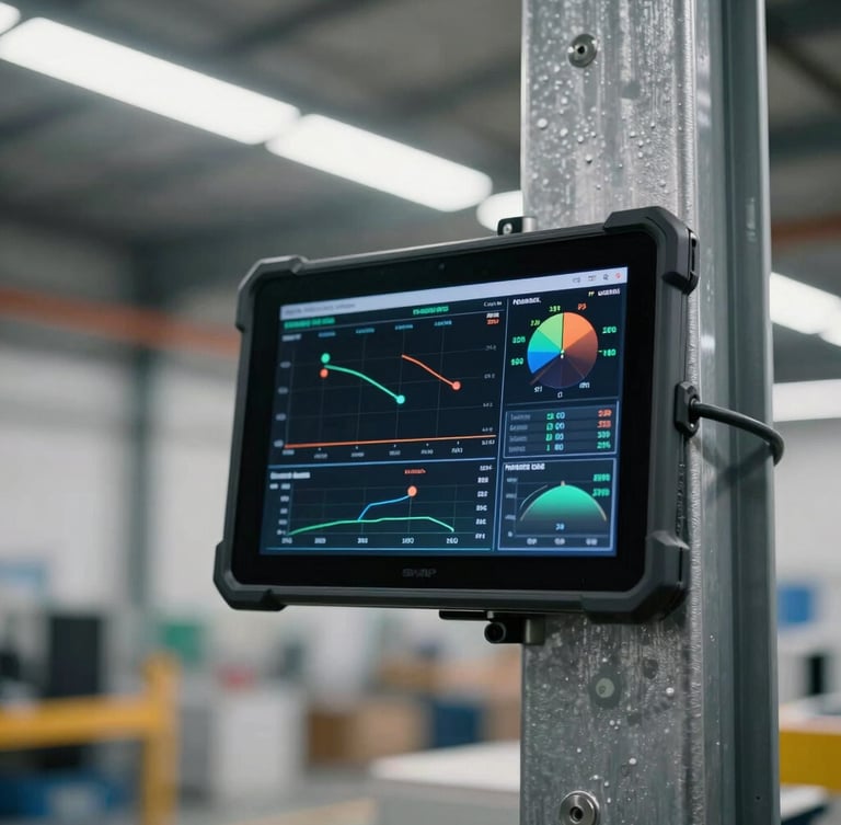 Sharp close-up of a rugged digital tablet displaying real-time telemetry data, mounted on a steel column inside a modern, brightly lit industrial warehouse, cool LED lighting, depth of field.