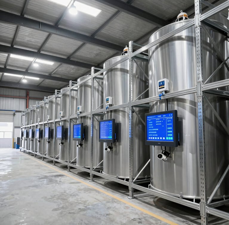 Wide-angle architectural shot of a modern industrial cold storage facility interior with clean steel shelving, blue LED temperature telemetry screens, crisp daylight-driven lighting.