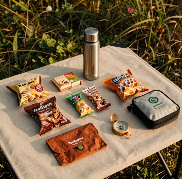 Overhead knolling shot of a beautifully organized Trailspire Family Day Kit on a light beige canvas, showing a clean layout of a modern thermos, organized snacks, a compact first aid pouch, and a wooden compass, warm golden-hour light, premium outdoor aesthetic