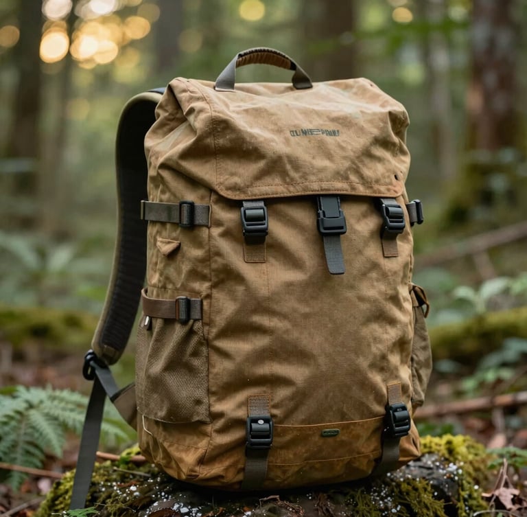 Durable canvas backpack knolled with outdoor gear, soft natural light, forest background, premium quality textures, 35mm photography style
