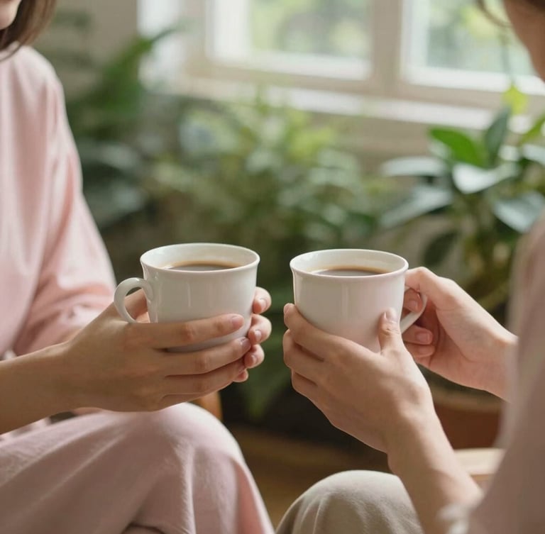 Two people sitting close in a quiet garden, sharing a warm drink, soft focus on hands holding cups, peaceful green foliage background