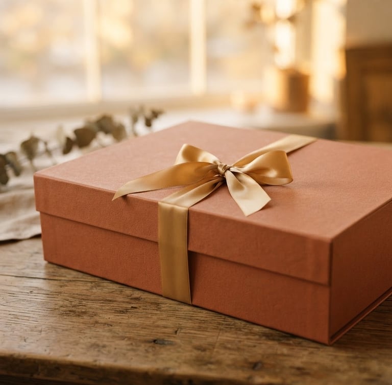 Boutique packaging of BU'GA garments, elegant terracotta box tied with gold ribbon, warm diffused golden-hour window light, shallow depth of field