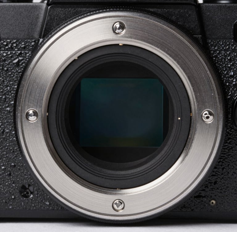 Macro close-up of a brushed aluminum camera lens mount, cool studio lighting with subtle blue reflections, clean technical framing.