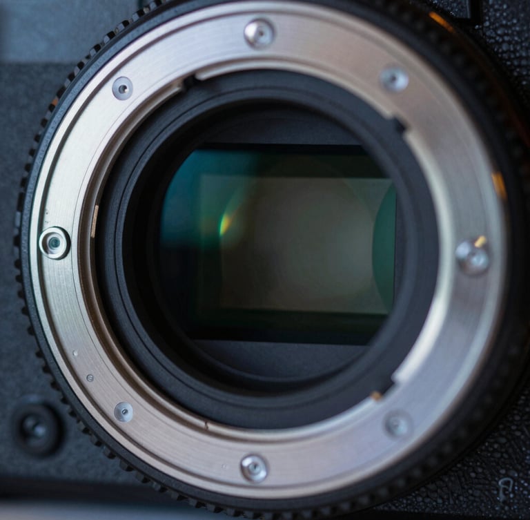 Macro close-up of a sleek camera lens mount with blue-toned rim lighting, high-contrast reflections, technical precision