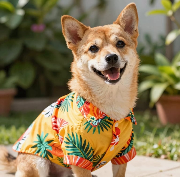 Close-up of a happy small dog wearing a vibrant handmade tropical shirt, sitting comfortably in a sunlit garden, warm natural daylight, eye-level framing