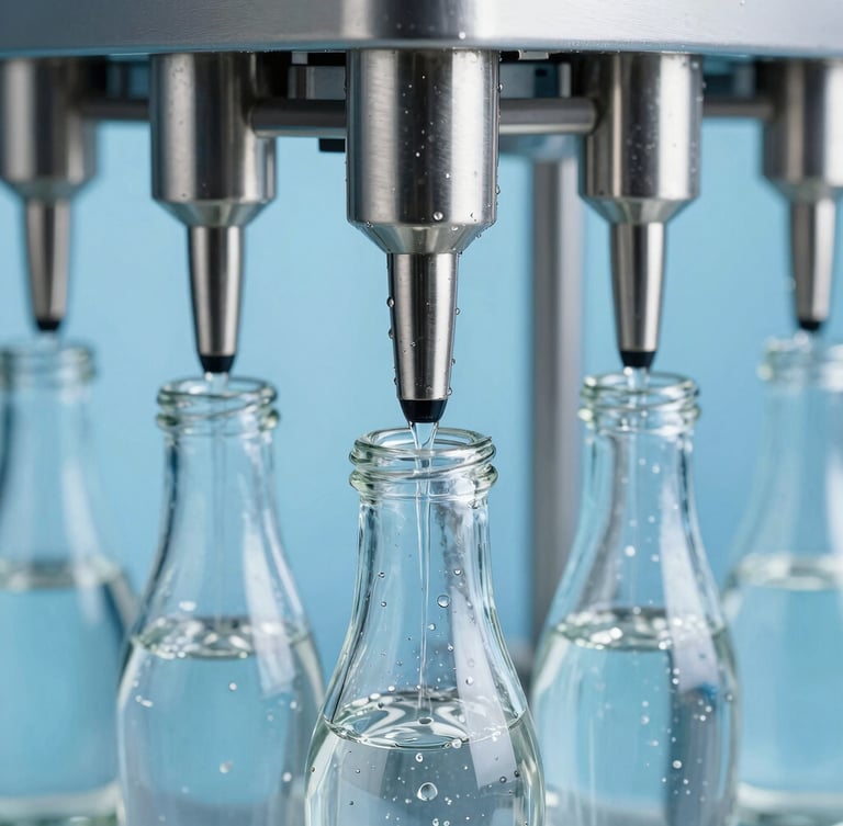 Macro shot of high-tech automated stainless steel bottling nozzles injecting pure water into elegant glass bottles, cool blue studio lighting, crisp water droplets