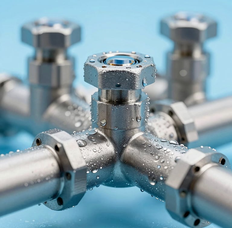 Macro close-up of a high-tech stainless steel filtration pipeline, condensation beads on the metal, cool blue and silver backlit studio lighting, sharp focus on the valves.