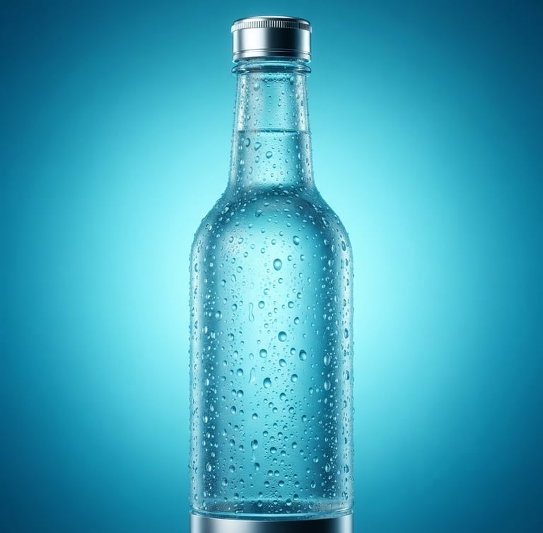 Macro studio photography of a sleek glass bottle with condensation beads, cool aqua backlighting, sharp focus, silver metallic accents, 4:5 portrait crop