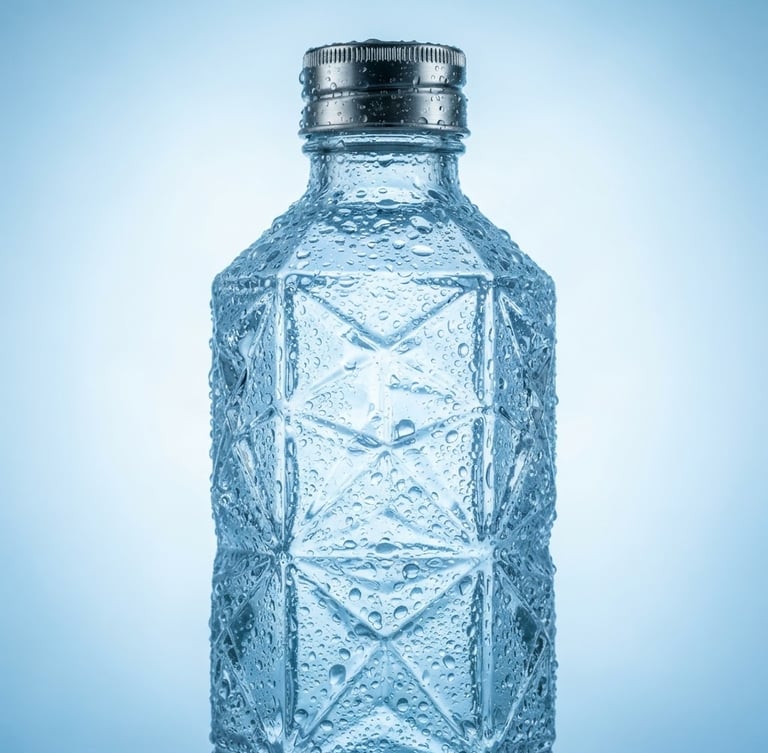 Studio photograph of a condensation-beaded premium glass water bottle, high-key cool blue backlighting, crisp focus on geometric glass facets, silver metallic cap.