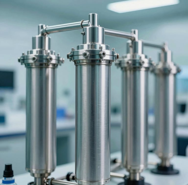 State-of-the-art stainless steel filtration pipelines in a pristine laboratory-grade cleanroom, cool aqua and silver lighting, sharp focus, macro depth of field.