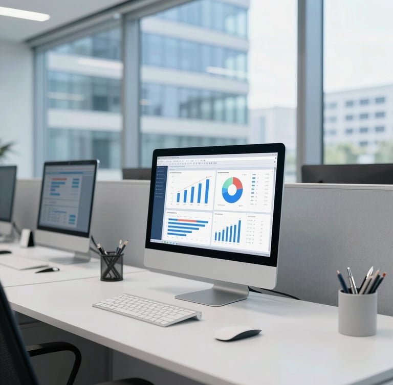 Bright, clean corporate workspace with organized desk, modern monitor displaying data charts, architectural background, cool blue and white tones, natural daylight.