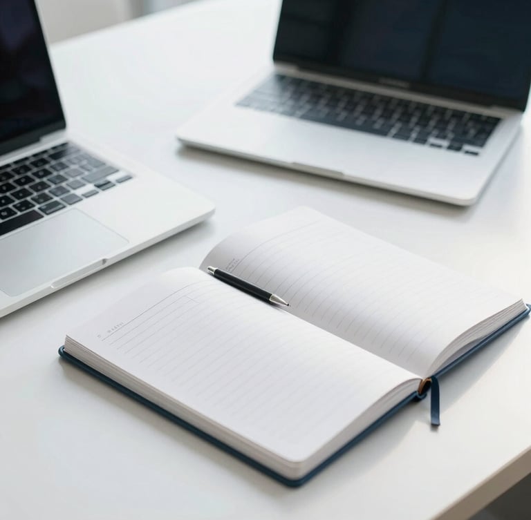 An organized, clean modern workspace with a laptop, structured notebook, and architectural lines, bright natural daylight, professional cool tones.