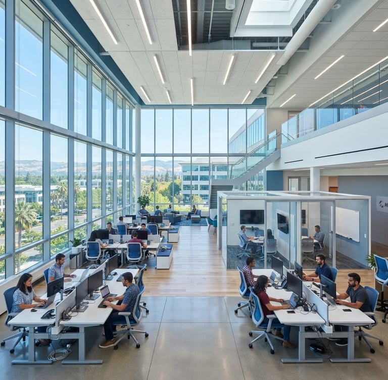 Wide-angle architectural view of a bright, modern corporate office interior in California, clean glass partitions, structured desks, cool blue and white tones, bright natural daylight.