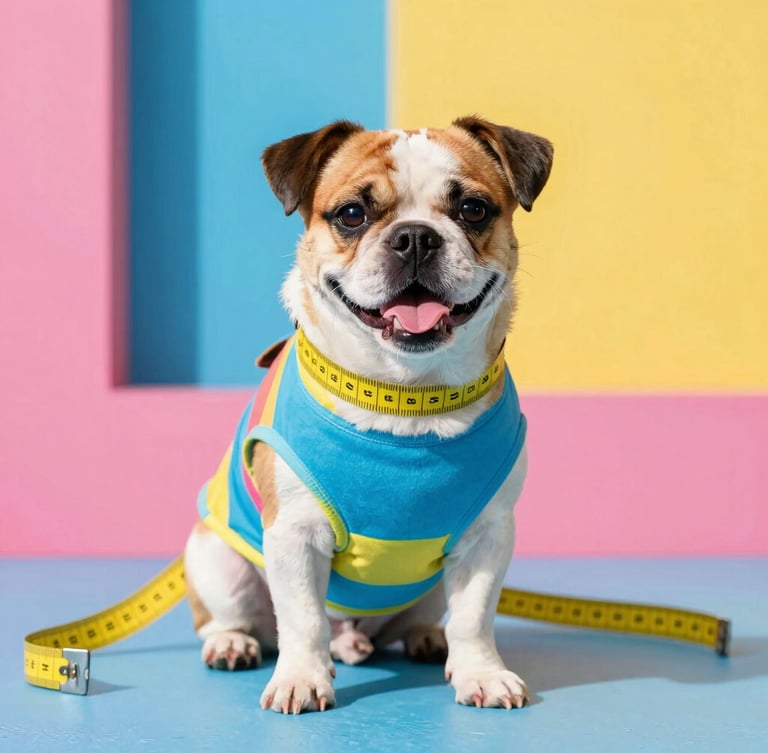 Primer plano de una cinta métrica rodeando suavemente a un perrito feliz con un suéter colorido, fondo de color bloqueado vibrante, iluminación natural brillante.
