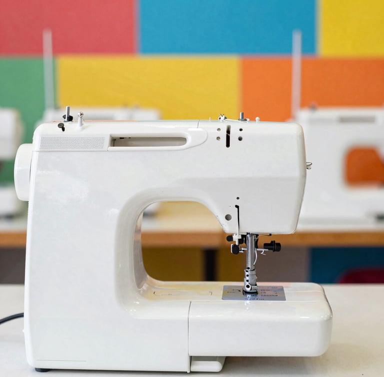 Bright cheerful pet photography, natural daylight, warm view of sewing machines and colorful fabrics in our Celaya workshop, shallow depth of field, 35mm
