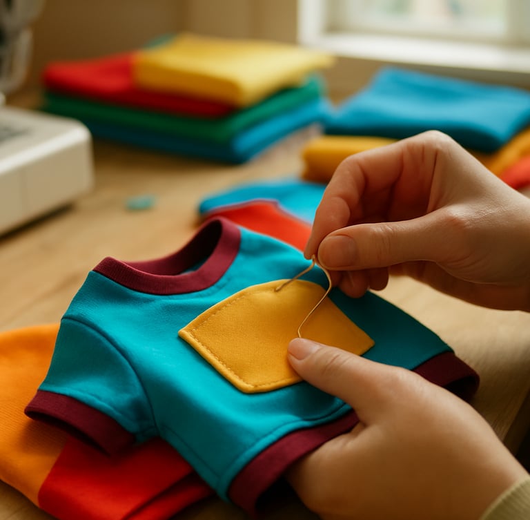Close-up of hands carefully stitching a colorful pet shirt in a bright workshop, soft natural light, vibrant fabrics in the background, sharp focus