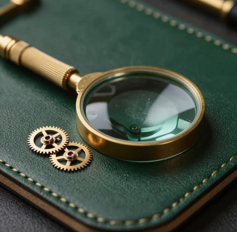 Macro shot of watchmaking tools, a brass loupe, and delicate gears on a dark forest green leather mat, side lighting, gold accents