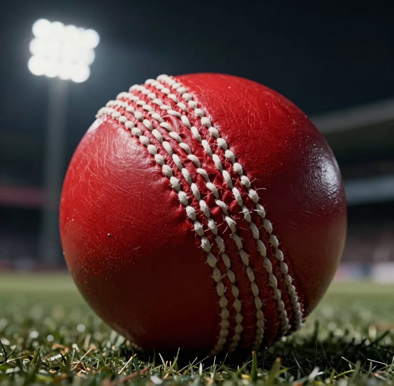 Macro shot of a red leather cricket ball showing high-contrast detail of the white hand-stitched seam, dramatic stadium floodlight casting sharp shadows, dark desaturated background.