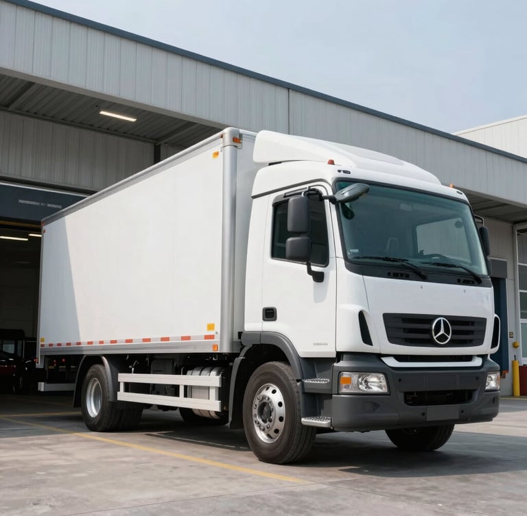 Low-angle heroic shot of a clean white refrigerated logistics truck parked at a modern concrete loading dock, sharp industrial LED lighting reflecting on metallic surfaces, crisp daylight, professional composition.