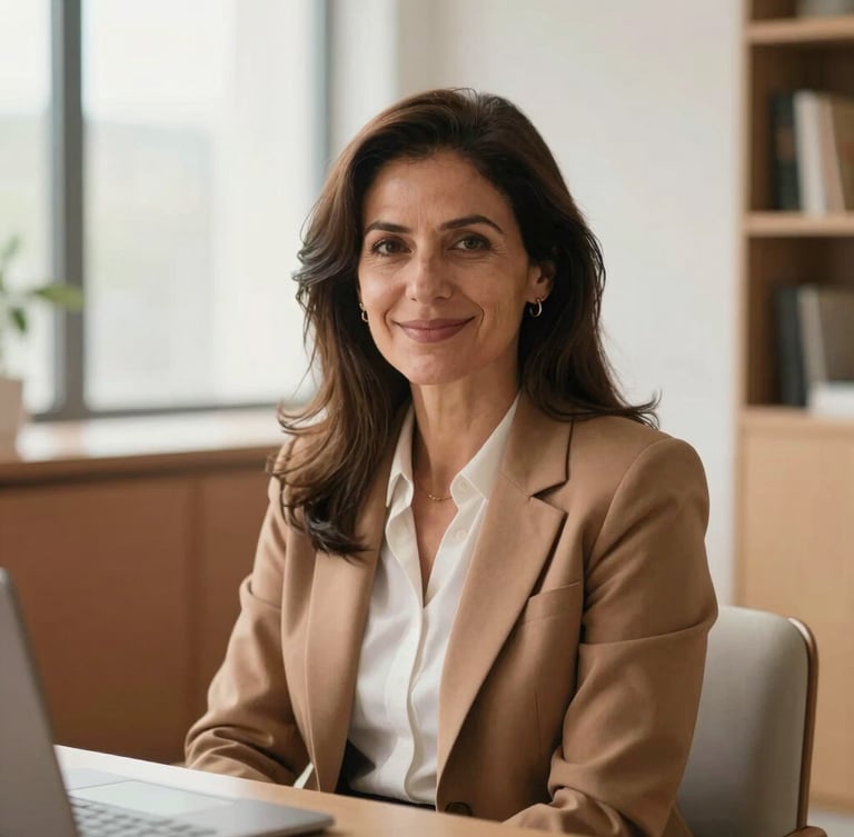 Warm, authentic portrait of a female Italian legal professional in her late 40s, smiling gently, natural soft daylight, seated in a bright, modern office with terracotta and cream accents, looking directly at the camera with an empathetic expression.
