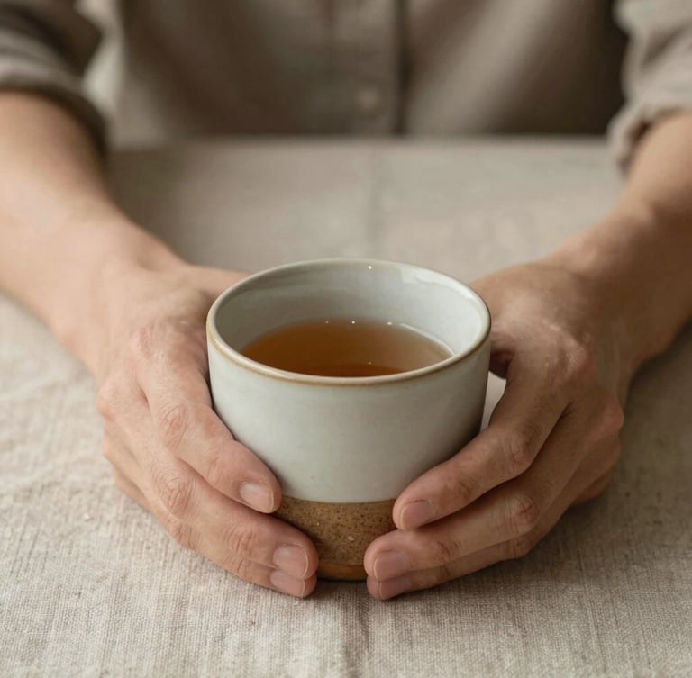 Close-up of a person's hands holding a warm ceramic cup on a natural linen tablecloth, soft morning daylight, shallow depth of field