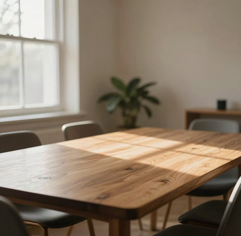 A sunlit, welcoming meeting room with a wooden table, soft natural daylight with warm undertones, inviting and calm atmosphere