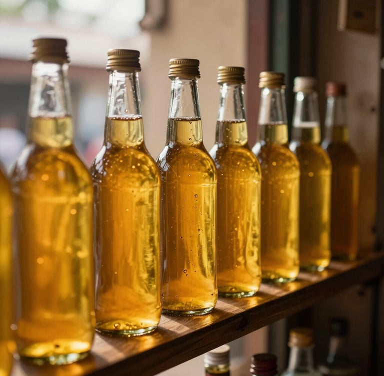 A row of clean, amber glass bottles filled with glowing golden oil sitting on a rustic wooden shelf in a warm Mysuru storefront, soft natural light, 35mm