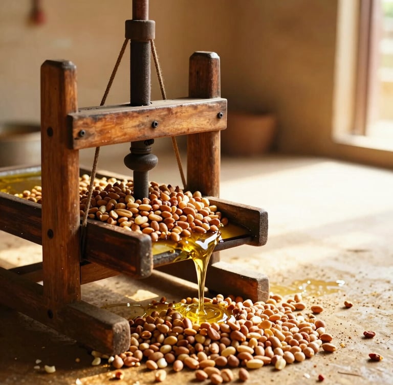 warm editorial photography, natural side-lit sunlight, rich golden and amber tones, shallow depth of field, 35mm, medium shot of a traditional wooden chekku press in operation, with raw groundnuts being fed, and oil slowly flowing into a collection vessel, rustic workshop setting, blurred background, generous negative space on the right.