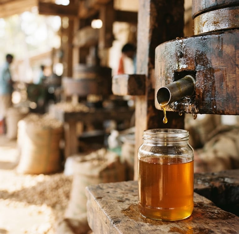 warm editorial photography, natural side-lit sunlight, rich golden and amber tones, shallow depth of field, 35mm, close-up of golden wood-pressed groundnut oil slowly dripping from a traditional wooden chekku press into a clean glass jar, rustic wooden surfaces, blurred background, generous negative space on the left.