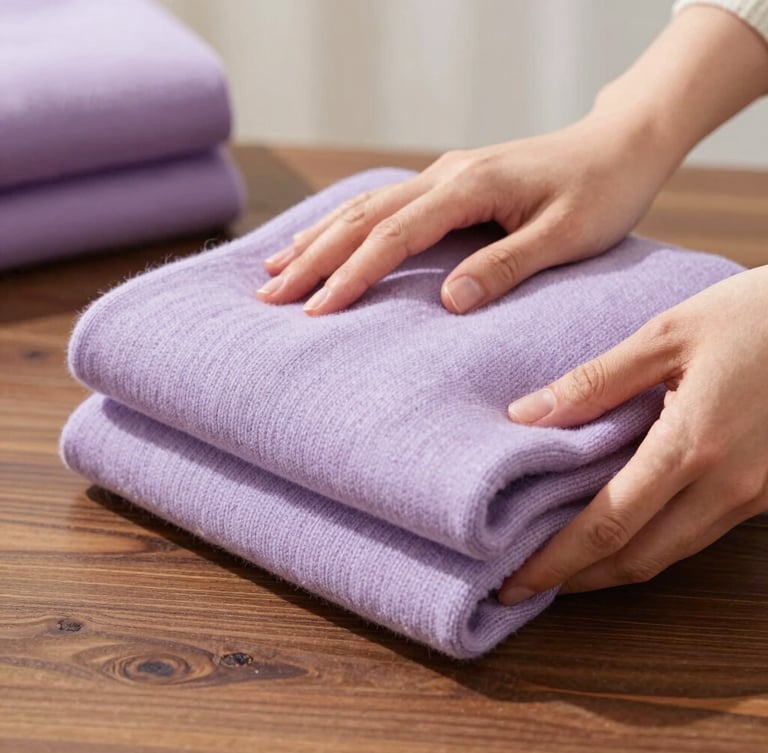 Close-up editorial photography of hands neatly folding a soft lavender wool sweater on a dark wooden table, warm sunlight, clean organized background.