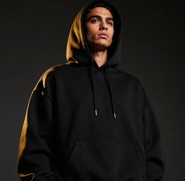 Low-angle cinematic portrait of a model in a heavy black oversized hoodie, dark low-key chiaroscuro lighting, deep shadows, gold rim light highlighting the premium fabric texture.