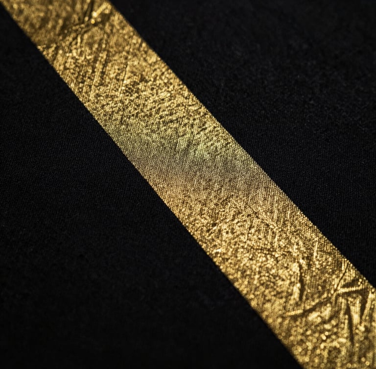 Macro shot of metallic gold DTF print texture on heavy black cotton fabric, low-key cinematic lighting, sharp details, 35mm lens