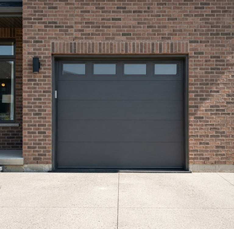 Straight-on exterior shot of a modern charcoal gray garage door installed on a brick suburban home, bright natural daylight, sharp focus