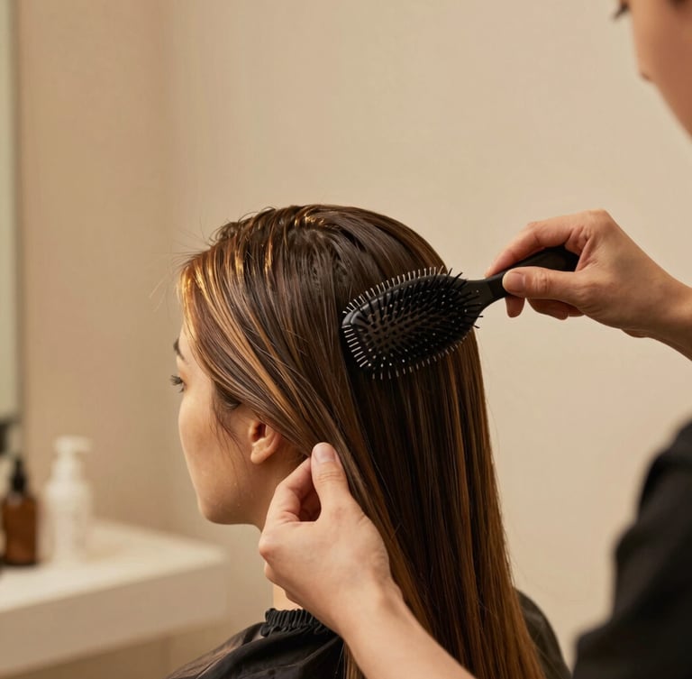 Close-up of a professional stylist carefully applying a luxurious hair treatment with a brush, warm golden studio lighting, shallow depth of field